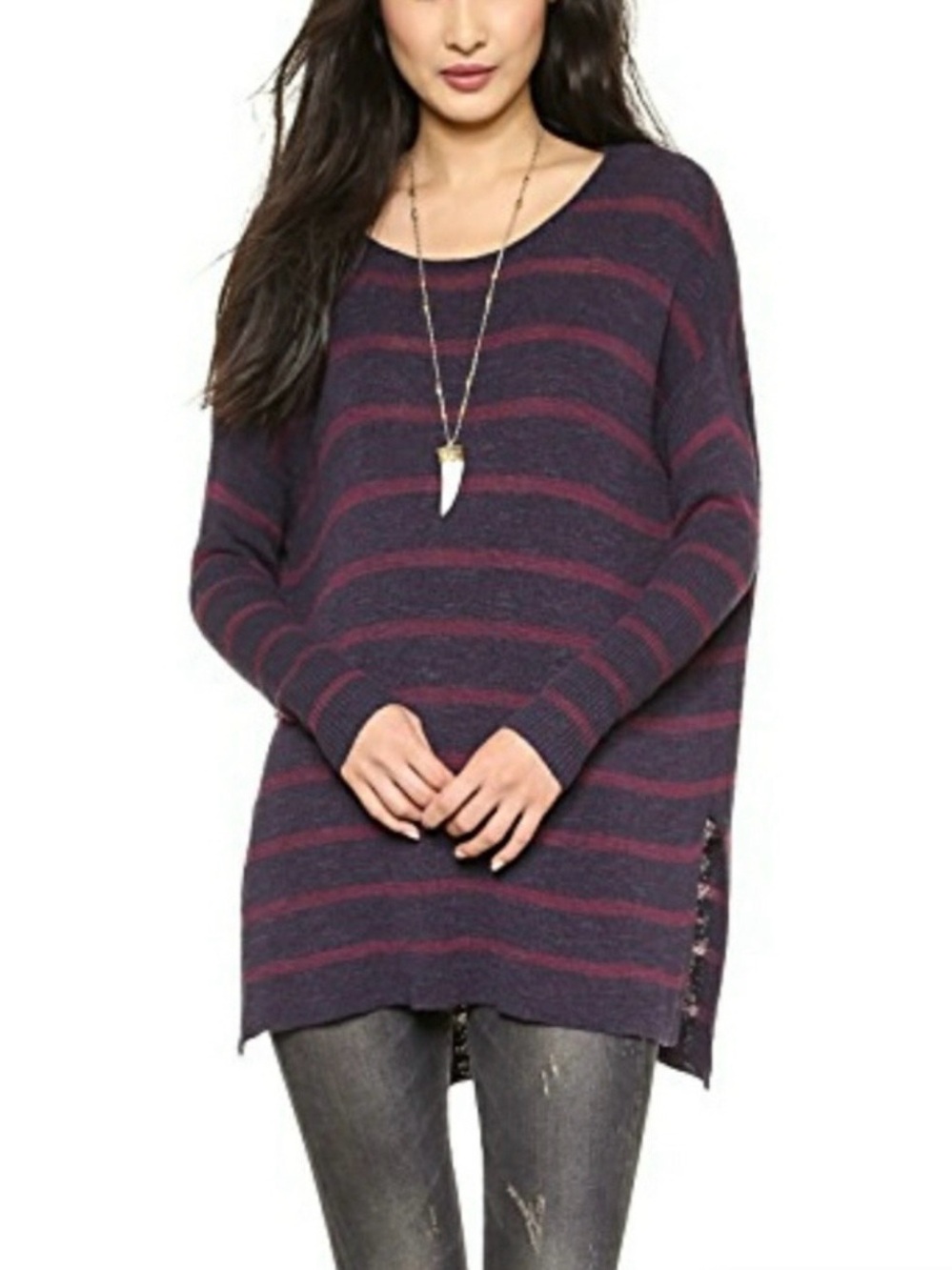 Free People Striped Long-Sleeve Tunic Sweater in Navy and Berry